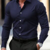 Men's Shirt Business Button Down Shirt Summer Solid Color Long Sleeve Lapel Vacation Shirt Fashion Temperament Casual Tops - Image 2
